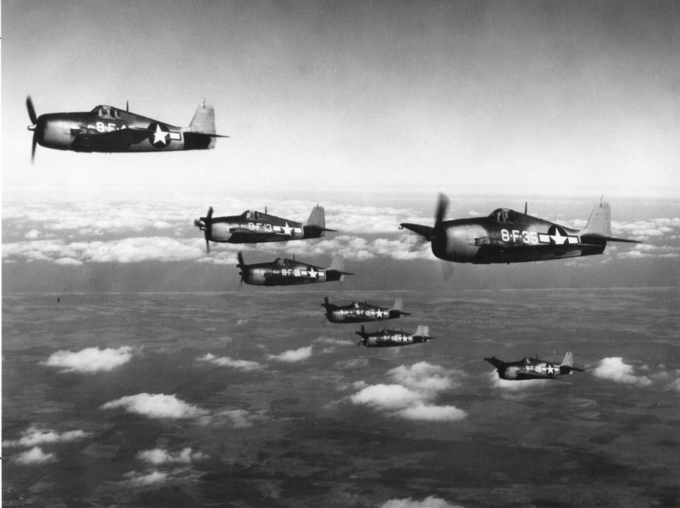F6F-3 Hellcats of VF-8 in flight 1943