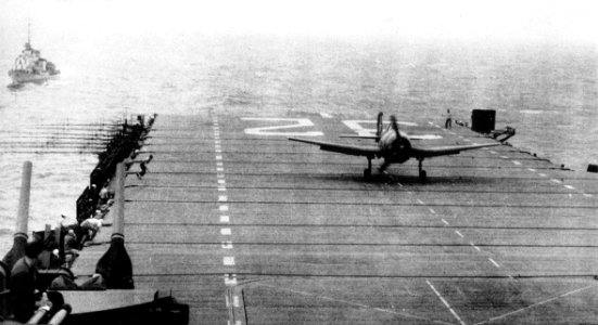 F6F-5 Hellcat of VF-18 lands on USS Leyte (CV-32) on 4 Seotember 1946