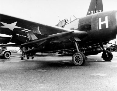 F6F-5 Hellcat with XAAM-N-2 Sparrow missile at Point Mugu in 1950