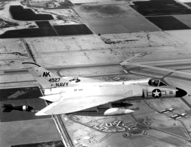 F4D-1 Skyray of VF-102 with aerial target over NAAS El Centro on 14 April 1958 (NNAM.1996.253.7326.012)