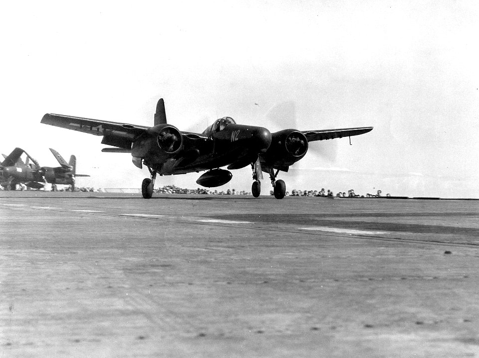 F7F-3N launching from USS Tarawa (CV-40) off Hawaii 1946