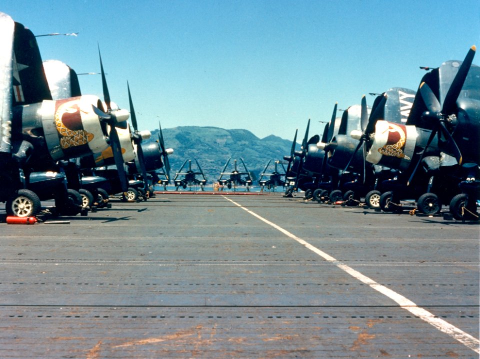 F4U-4s of VMF-323 on USS Sicily (CVE-118) at Sasebo 1951