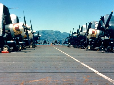 F4U-4s of VMF-323 on USS Sicily (CVE-118) at Sasebo 1951