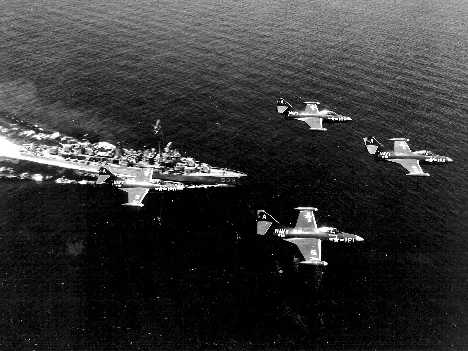 F9F Panthers of VF-721 over USS Tingey (DD-539) off Korea 1951