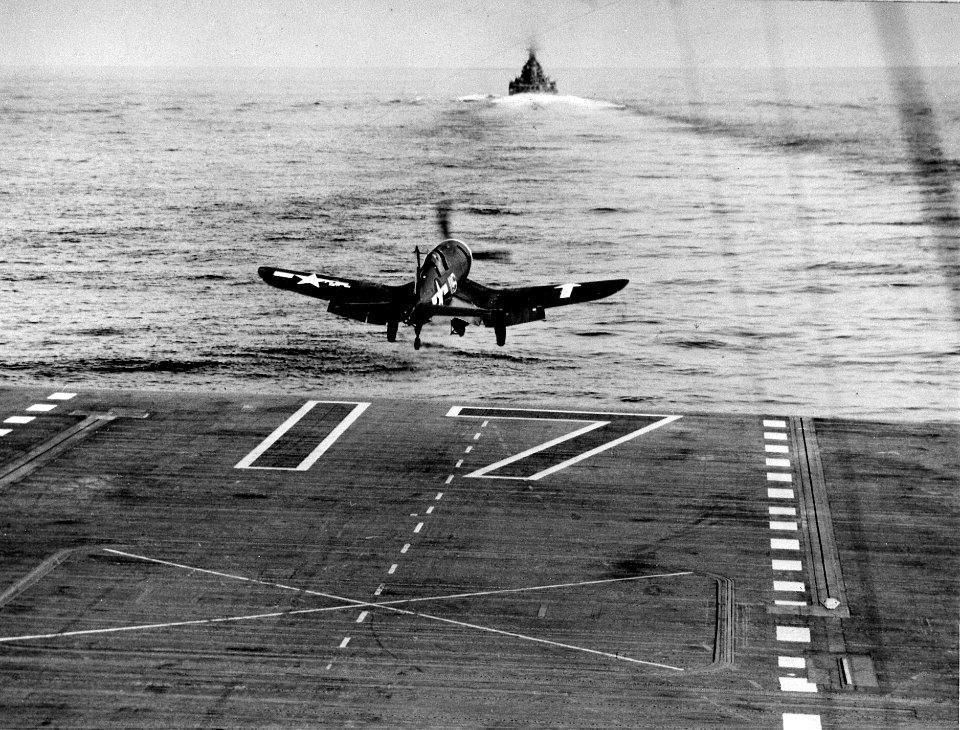 F4U-1D of VF-84 takes off from USS Bunker Hill (CV-17) in February 1944
