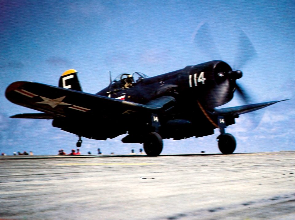 F4U-4 of VF-44 taking off from USS Boxer (CVA-21) 1953