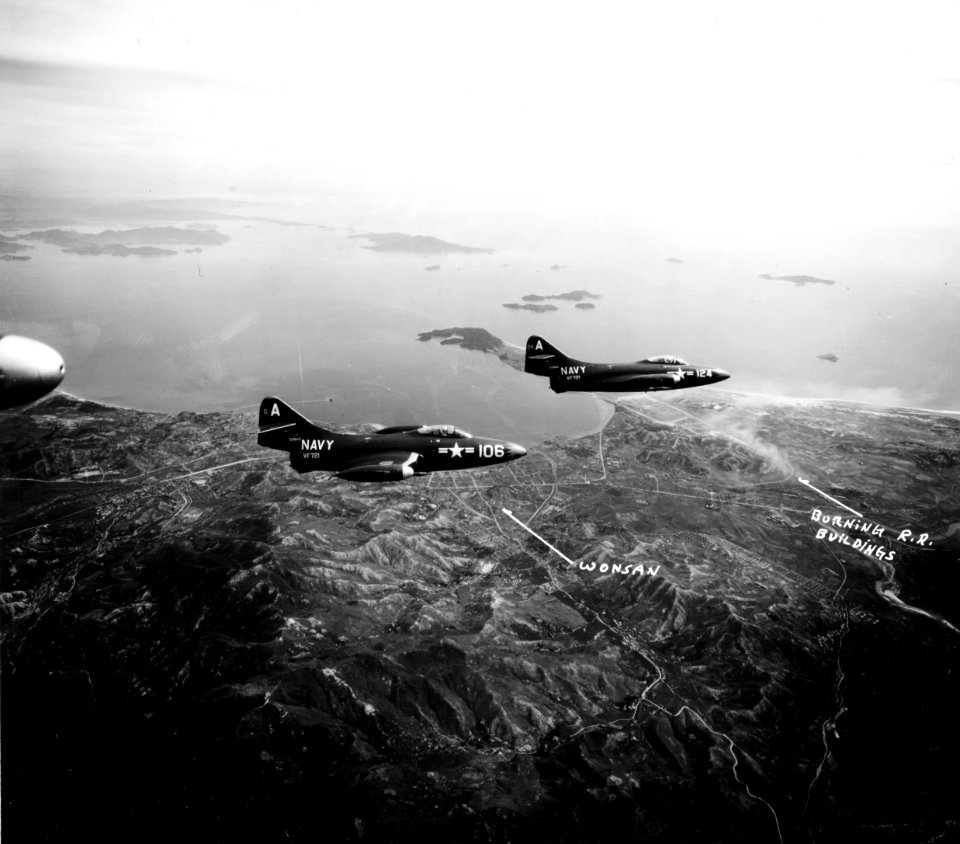 F9F-2 Panthers of VF-721 in flight over Wonsan, Korea, on 6 June 1951 (80-G-432307)