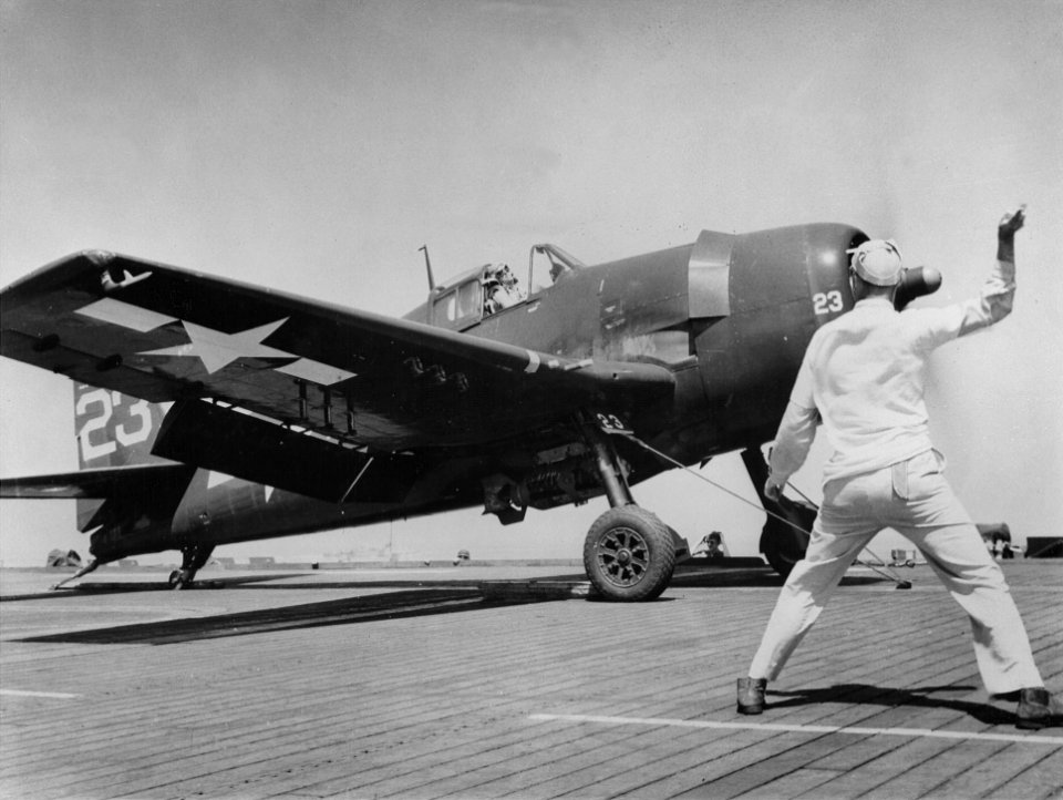 F6F-5 on cat of USS Kasaan Bay (CVE-69) off France 1944