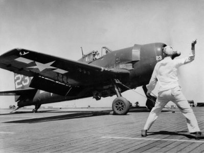 F6F-5 on cat of USS Kasaan Bay (CVE-69) off France 1944