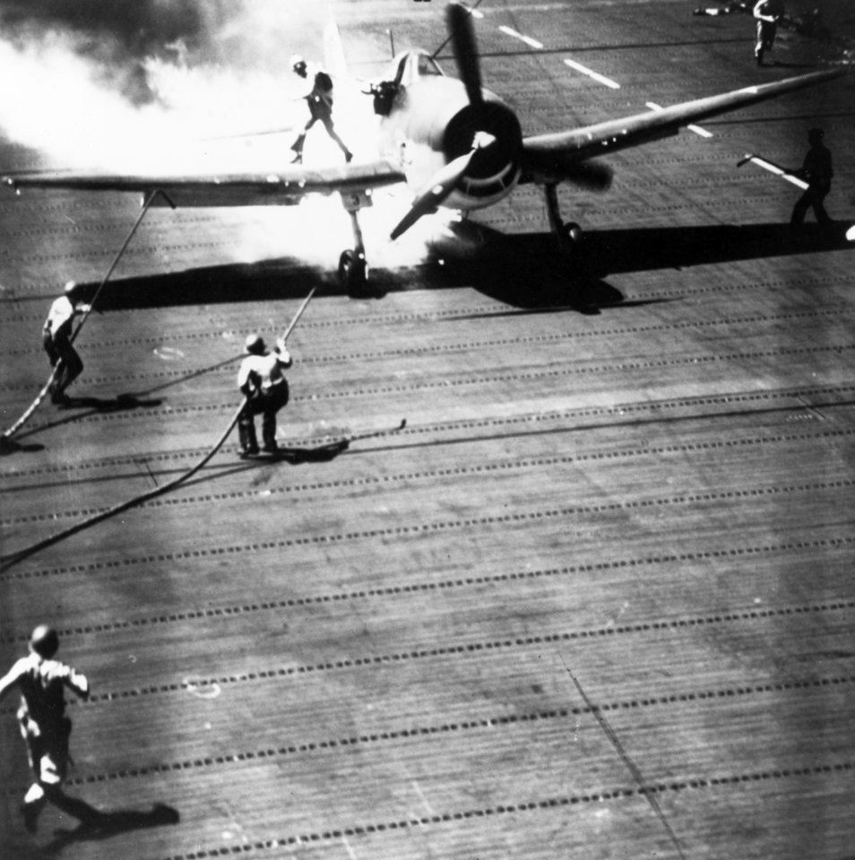 F6F-3 of VF-25 burning on USS Cowpens (CVL-25) in November 1943