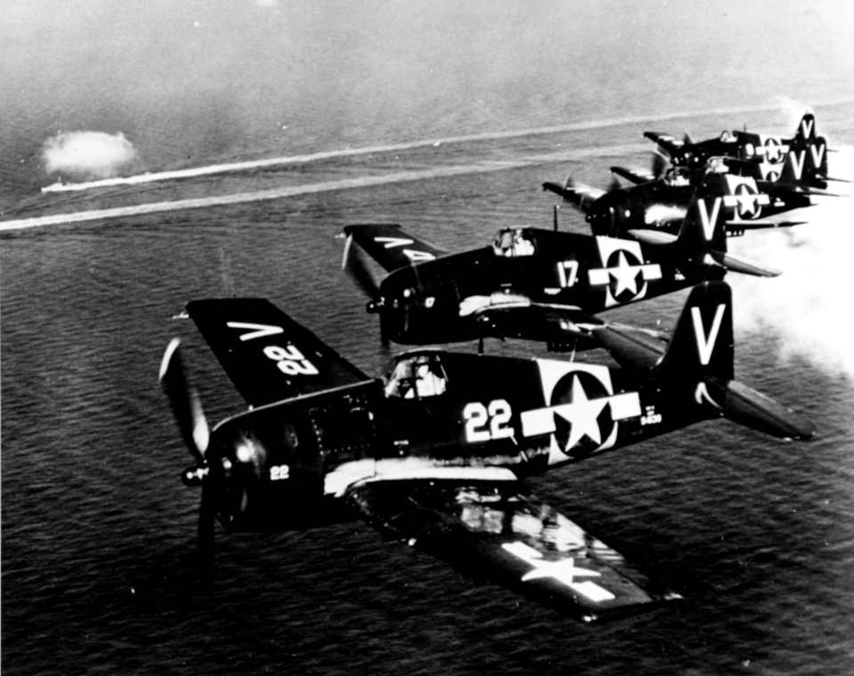F6F-5 Hellcats from Naval Air Reserve Glenview in flight in the late 1940s