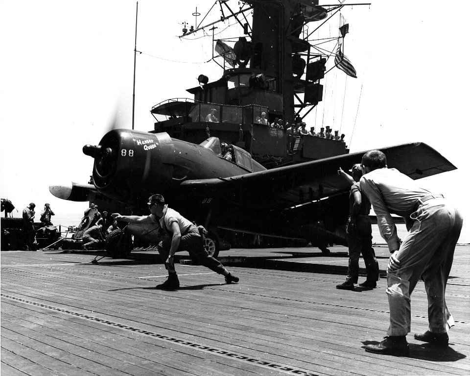 F6F-5N of VMFN-511 on USS Block Island (CVE-106) off Okinawa 1945