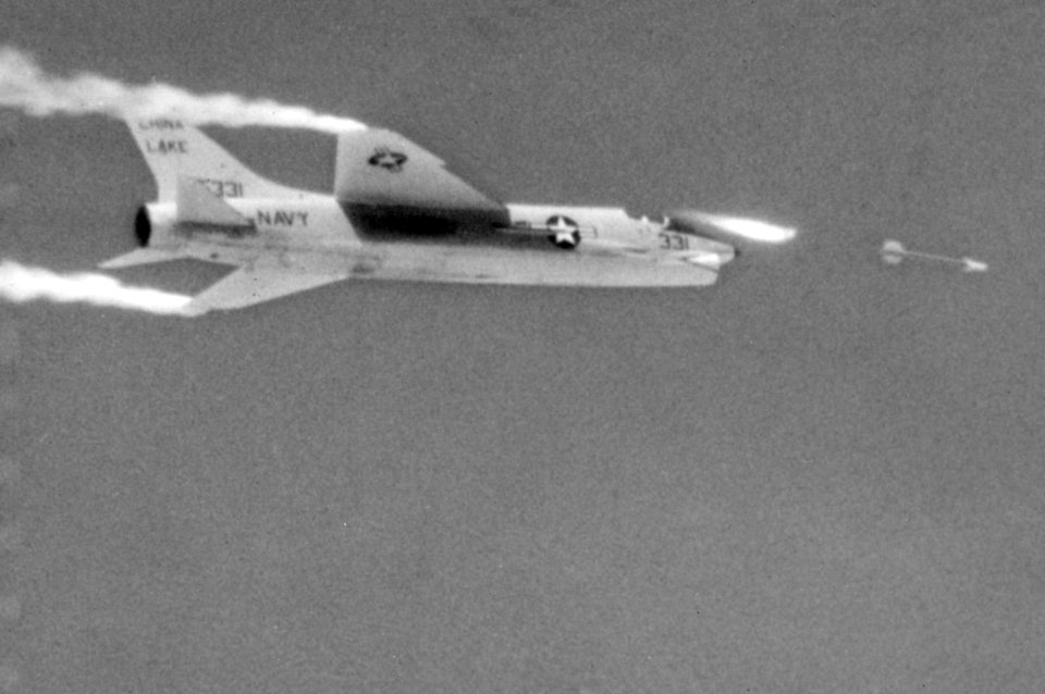 F8U-1 Crusader fires AIM-9B over China Lake 1959