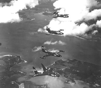 F7U-1 Cutlass in flight with F2H-2 Banshee F9F-2 Panther and F6U-1 Pirate