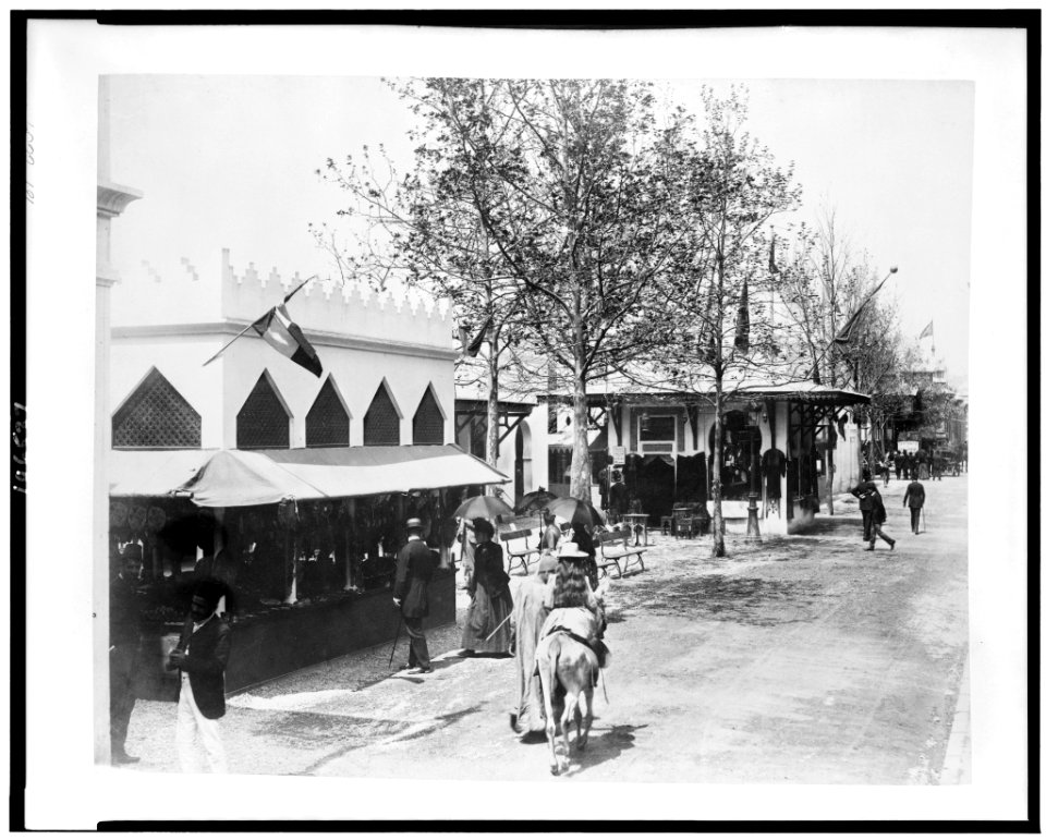 Girl riding donkey in front of the Pavilion of Morocco on a street in Cairo, Paris Exposition, 1889 LCCN92520964
