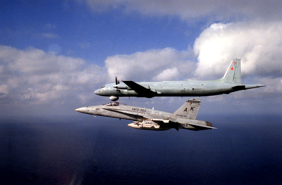 FA-18A of VMFA-323 escorting Il-38 over Ionian Sea January 1986 DN-SC-93-00829 
