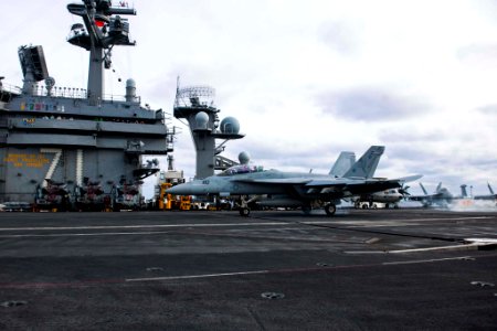 FA-18F of VFA-11 making 200,000th landing aboard USS Theodore Roosevelt (CVN-71) in January 2015