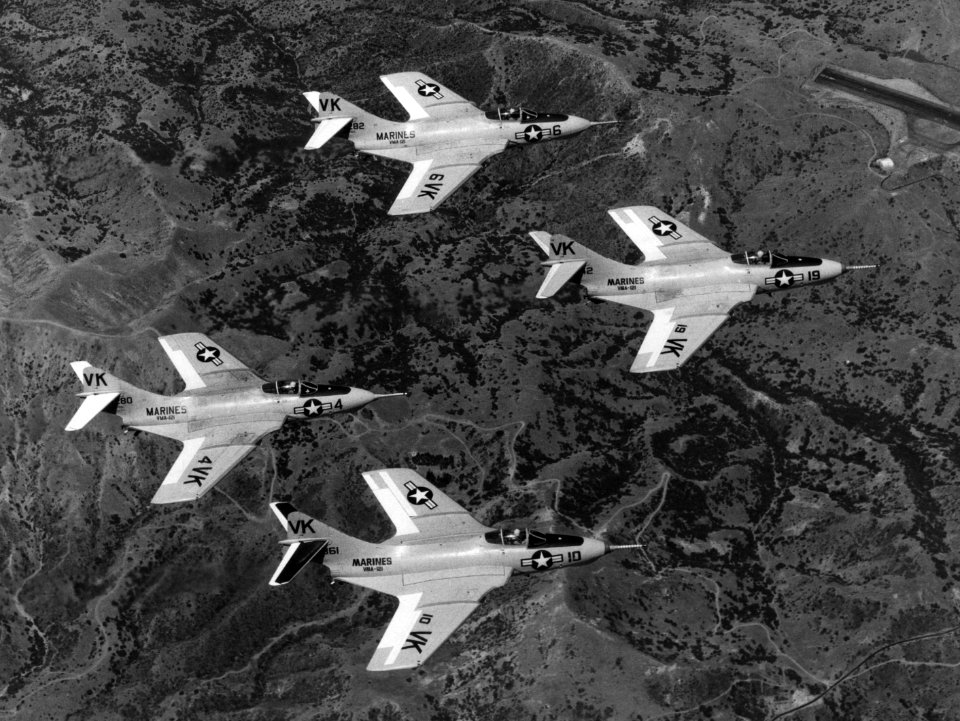 F9F-8B Cougars of VMA-121 in flight c1958