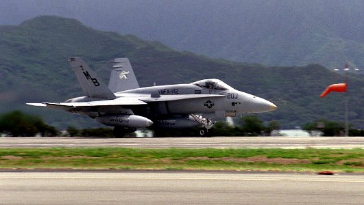FA-18A Hornet of VMFA-142 takes off from Kaneohe Bay in 1998 photo