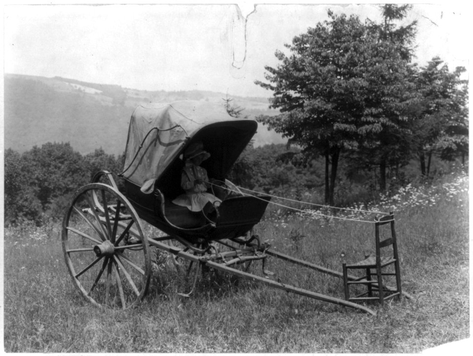 Girl seated in a carriage on a hillside, holding rope which is attached to chair in front of the carriage LCCN2005696153