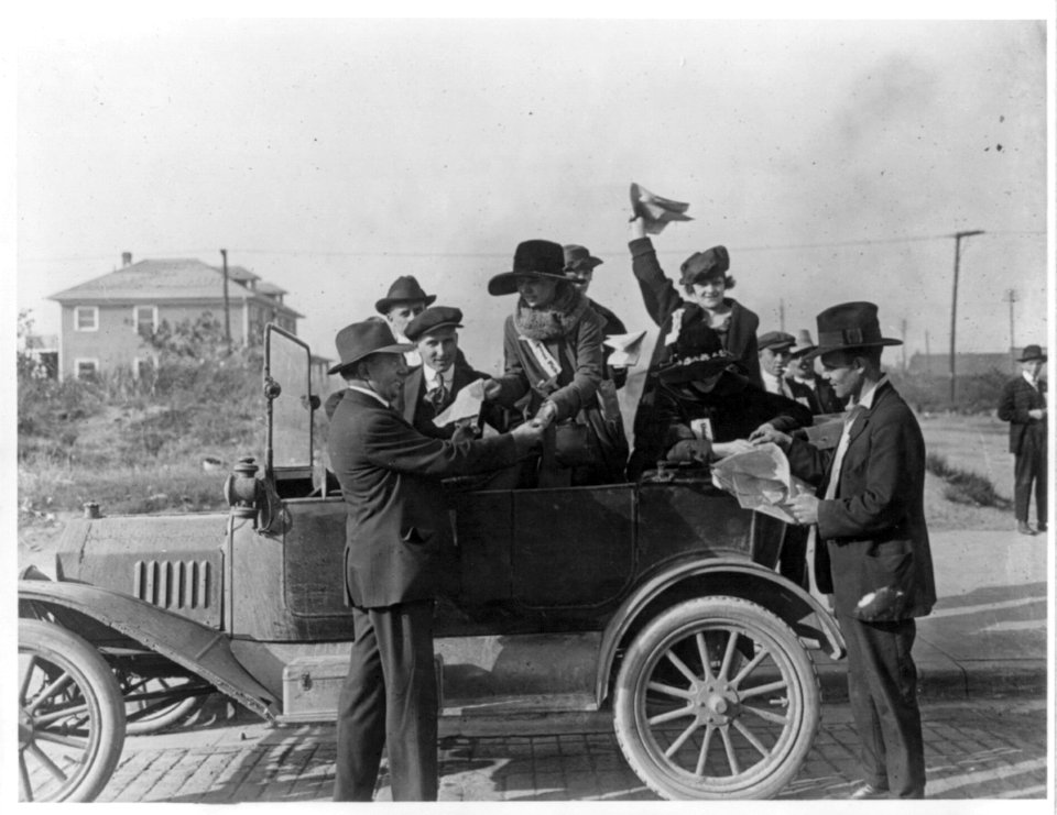 Girl steel workers (in automobile) on picket duty on steel mill property LCCN2002695617