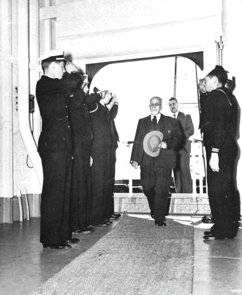 Giuseppe Buonocore, Mayor of Naples (Italy), visits USS Leyte (CV-32), in 1947