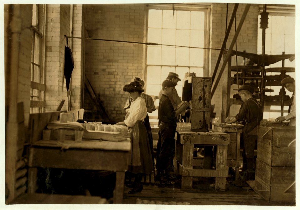 Girls, boys and men, polishing and wrapping, working together- morals in glass factory are proverbially bad. Union Stopper Co., Morgantown, W. Va. Several very young girls and many small LOC nclc.01195