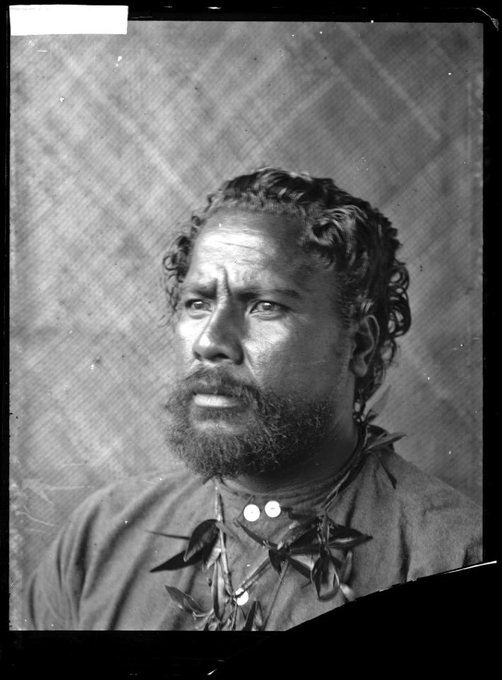 Glass negative (black and white); portrait of a man with a moustache and beard, wearing a shirt and plant fibre necklace, in front of a plant fibre plaited mat on the wall; Polynesia. Photographic process. Oc,G.N.1661, British Museum