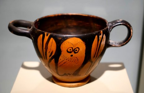 Glaux (skyphos) decorated with owl, Greek, Apulian, c. 450-425 BC, terracotta - Middlebury College Museum of Art - Middlebury, VT - DSC07951 photo