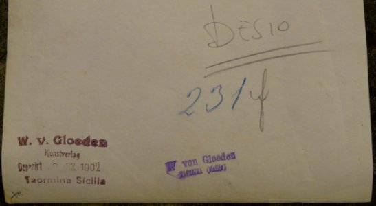 Gloeden, Wilhelm von (1856-1931) - n. 0231 - Desìo - Deponirt 2 Dez. 1902 - ex Texbraun Collection, Galerie David Guiraud, Paris - verso