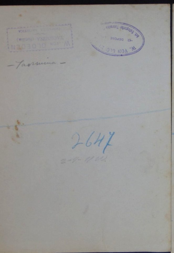 Gloeden, Wilhelm von (1856-1931) - n. 2647 verso - Palazzo Corvaja - Timbrata, cm 18x24. Datata 2-9-1910