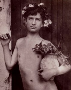 Gloeden, Wilhelm von - Mit Blüten bekränzter Knabe, eine Vase mit Lilien haltend (Zeno Fotografie)