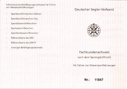Fachkundenachweis nach dem Sprengstoffrecht für Führer von Wassersportfahrzeugen (DSV), Außenseite