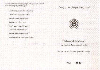 Fachkundenachweis nach dem Sprengstoffrecht für Führer von Wassersportfahrzeugen (DSV), Außenseite photo