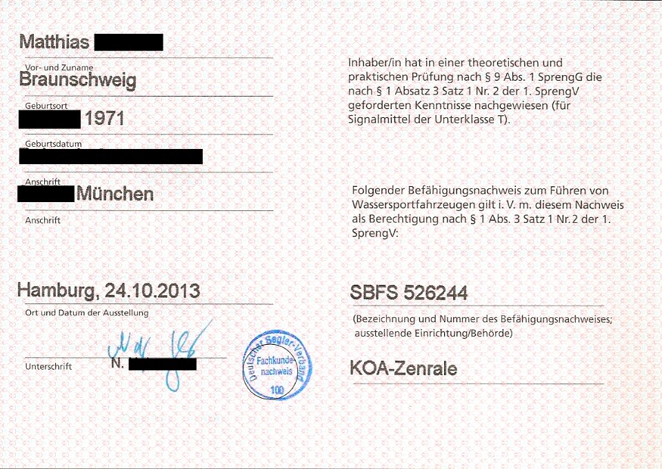 Fachkundenachweis nach dem Sprengstoffrecht für Führer von Wassersportfahrzeugen (DSV), Innenseite