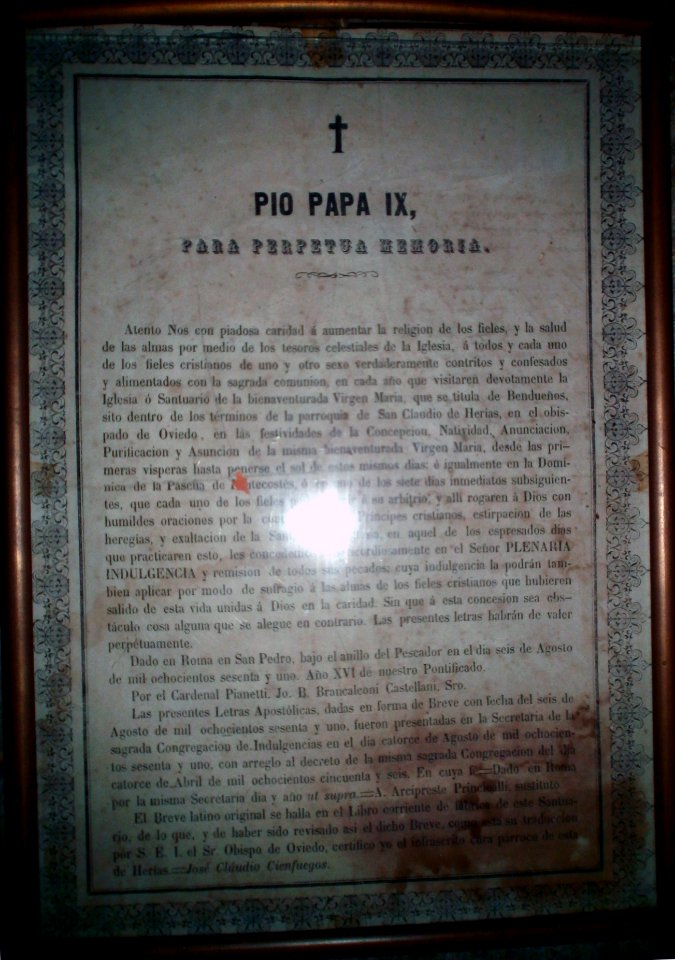 Facsimil de la Indulgencia Plenaria concedida por el Papa Pio IX