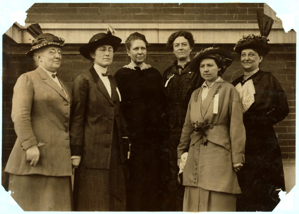 Factory Inspectors Past and Present. From left to right- Miss Ella Haas, State Factory Inspector, Dayton, O. Miss Mary Malone, State Inspector Ten-Hour Law, Delaware. Mrs. Florence Kelley, LOC nclc.04942