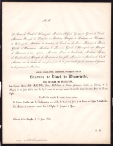 Faire part de décès de la baronne De Vinck à Zillebeke