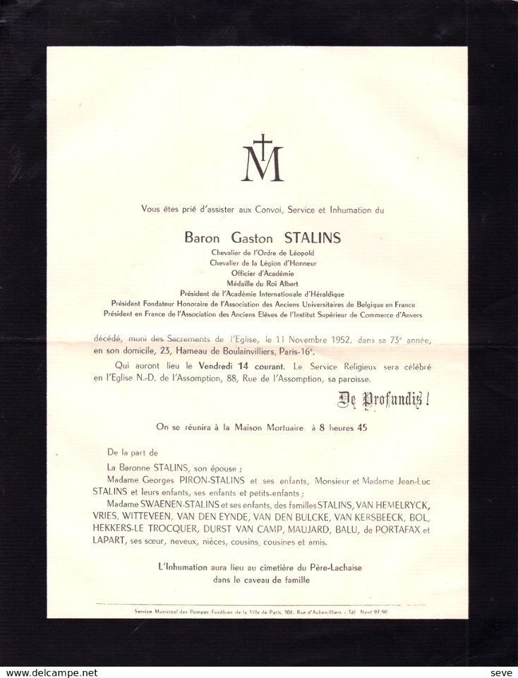 Faire part de décès de Gaston Stalins