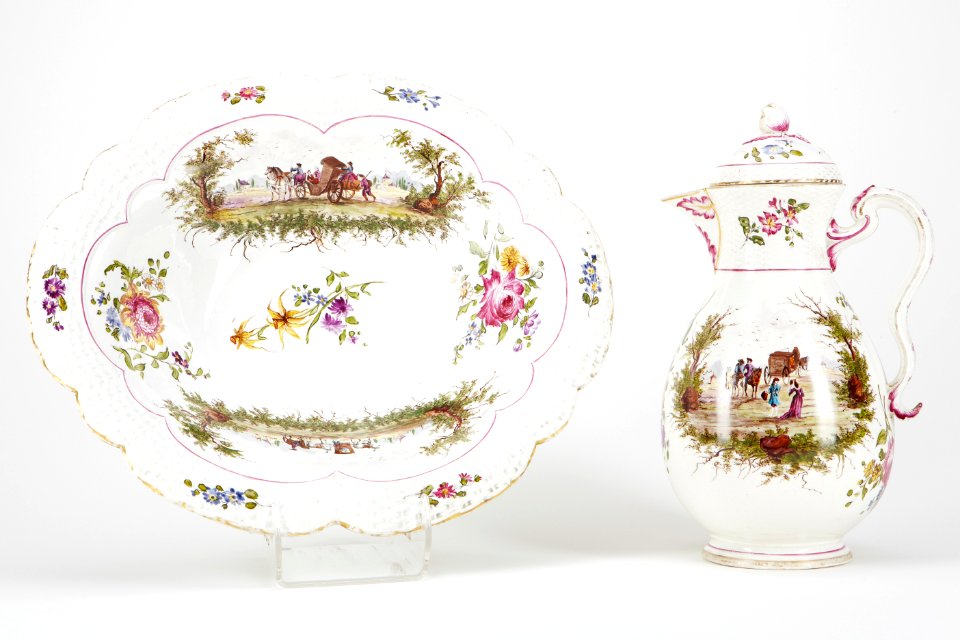 Fajans, kanna med lock och fat, 1700-tal - Hallwylska museet - 90485
