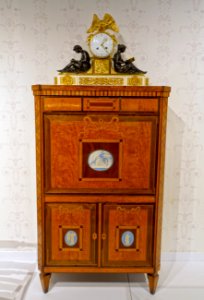 Fall-front secretary, possibly Amsterdam, 1775-1795, oak veneered with satinwood inlaid with woods, porcelain, brass, with mantel clock - Montreal Museum of Fine Arts - Montreal, Canada - DSC09447 photo