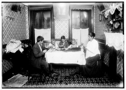 Family of Louis Rizzo, a laborer who works some. The wife and four children (none could speak English at all) work on feathers and make about $3.00 a week. Been in U.S. five months. Do not LOC nclc.05480