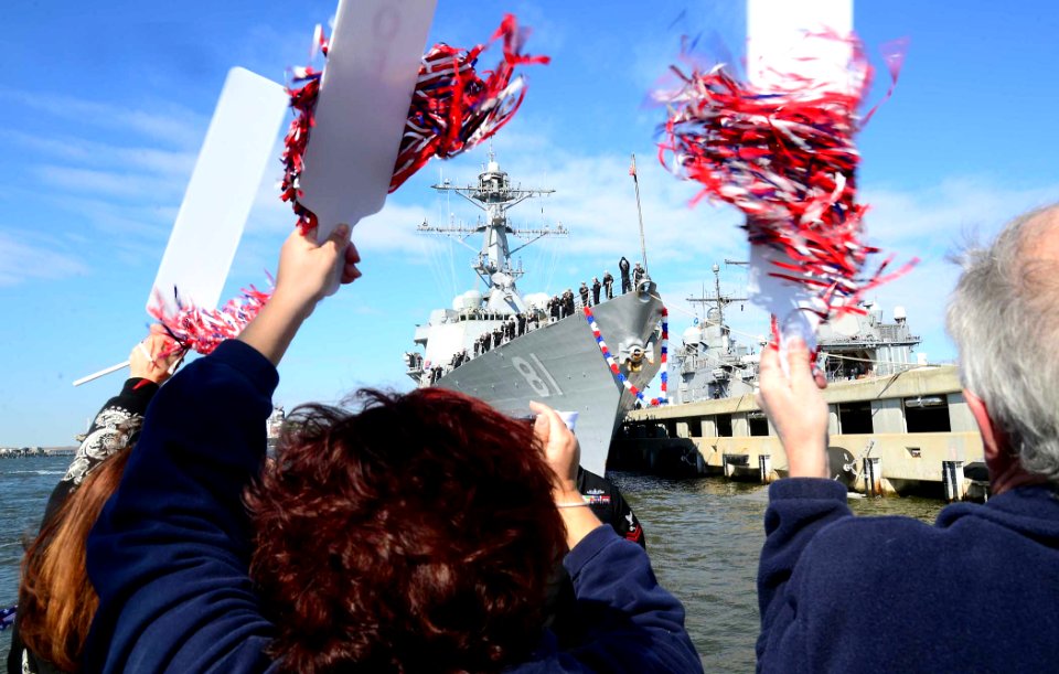 Family members watch USS Winson S. Churchill return to Norfolk. (8600829270)