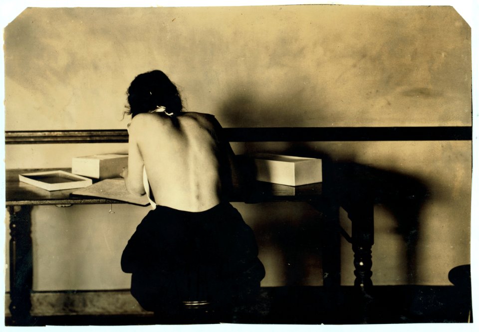 Fannie Bowman, 15 years old. Postural deformity. Correct position in work most essential. Can undertake either sitting or standing position if takes care to keep good posture. Picture shows LOC nclc.05142
