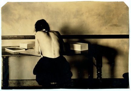 Fannie Bowman, 15 years old. Postural deformity. Correct position in work most essential. Can undertake either sitting or standing position if takes care to keep good posture. Picture shows LOC nclc.05142
