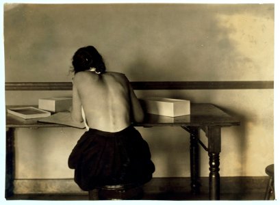 Fannie Bowman, 15 years old. Postural deformity. Correct position in work most essential. Can undertake either sitting or standing position if takes care to keep good posture. Picture shows LOC nclc.05141