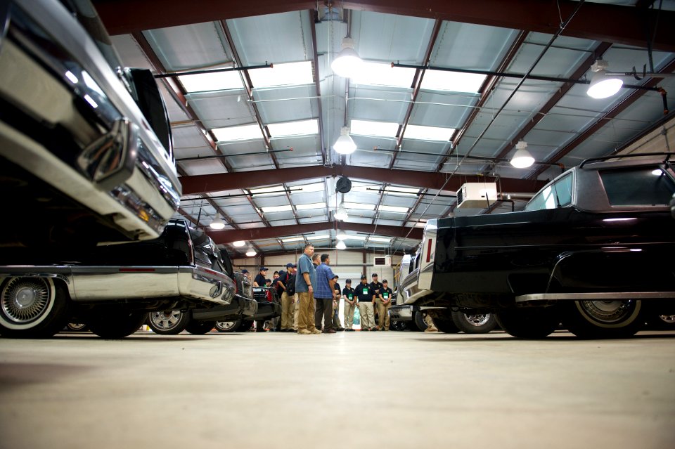 Faraway shot of law enforcement explorers in garage
