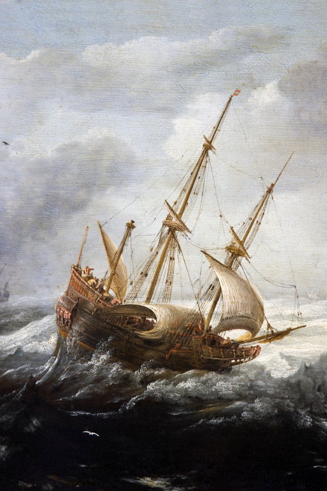 Fartyg i storm vid klippig kust. Detalj av - Hallwylska museet - 86677