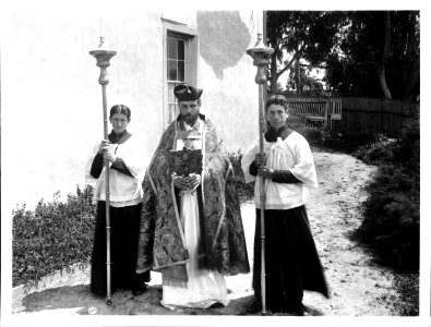 Father Raymond Mestres in a procession at Mission San Carlos, Monterey, ca.1900 (CHS-4092) photo