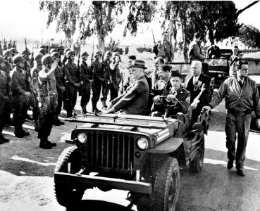 FD Roosevelt reviewing troops from jeep at Casablanca 1943